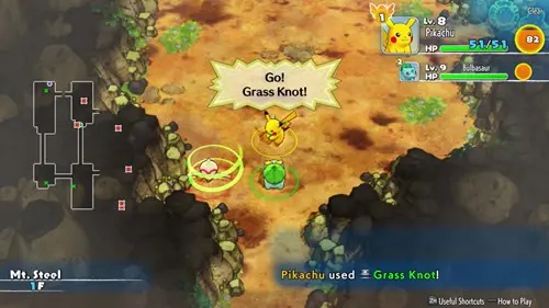 Pikachu and Bulbasaur fighting a Baltoy in Pokemon Mystery Dungeon: Rescue Team DX