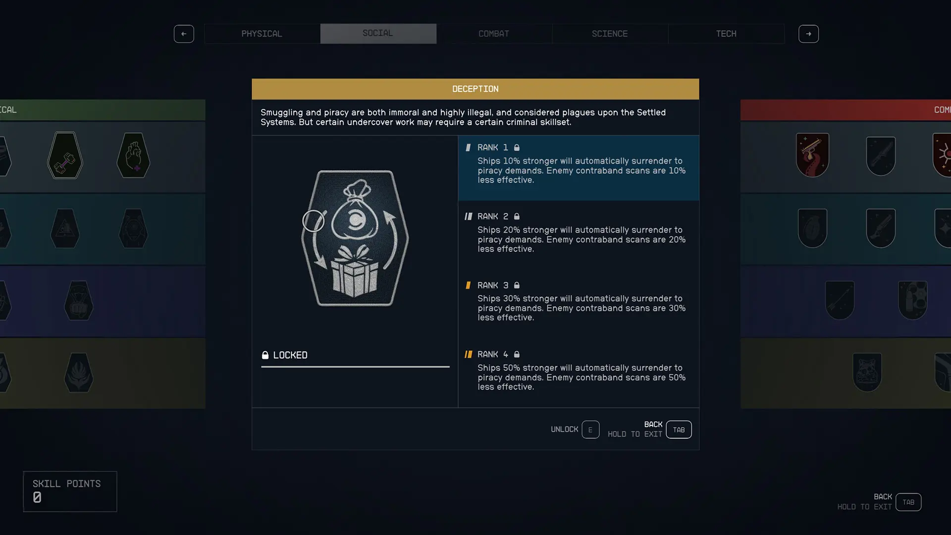 Starfield screenshot showing the Deception skill