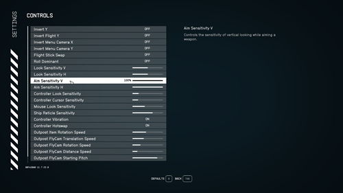 Aim and Look sensitivity settings in Starfield